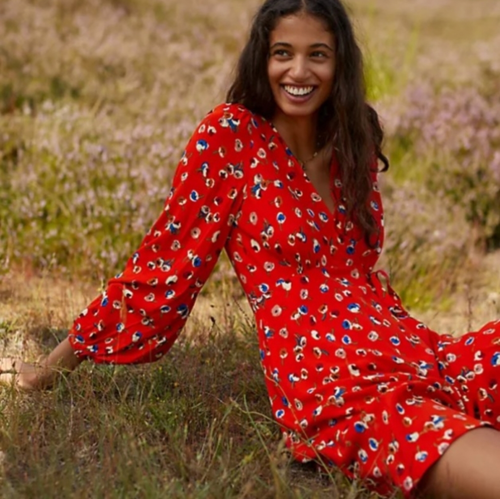 Anthropologie Mae_ve Red Floral Faux Wrap Dress Size 0